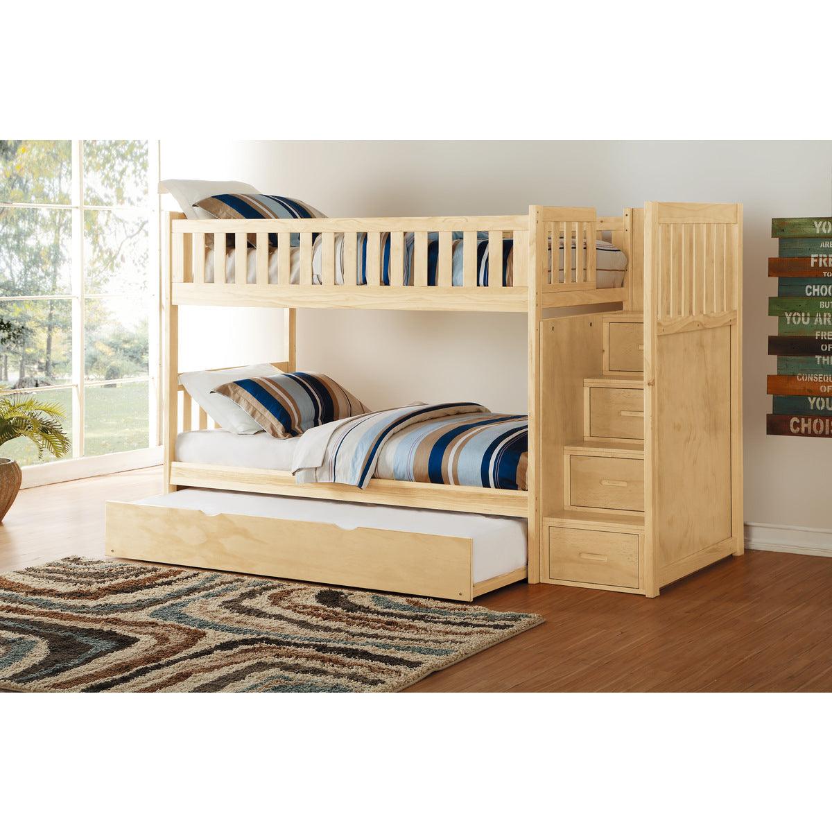 Bartly natural pine twin over twin step storage bunk bed front view