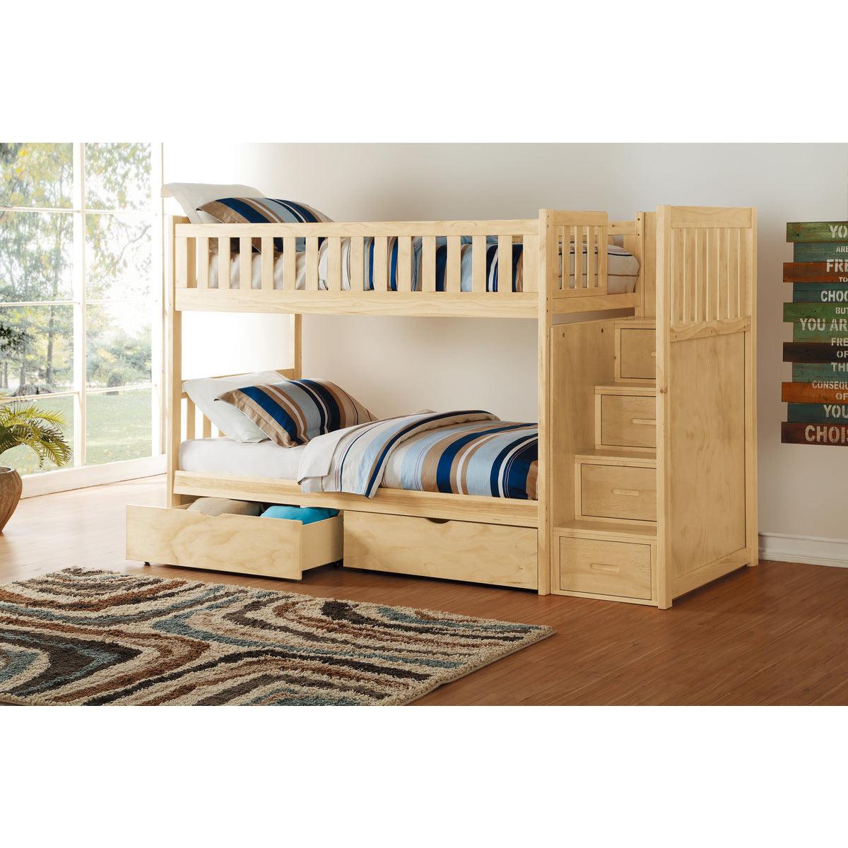 Bartly Natural Pine Transitional Wood Twin Bunk Bed With Reversible Step Storage And Storage Boxes - Ella Furniture