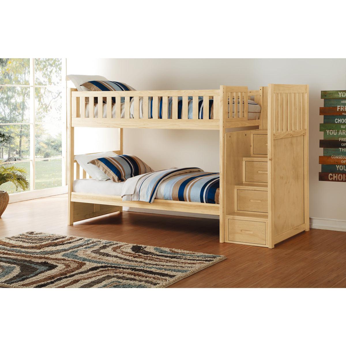 Bartly Natural Pine Twin Over Twin Step Bunk Bed side view with storage drawers visible
