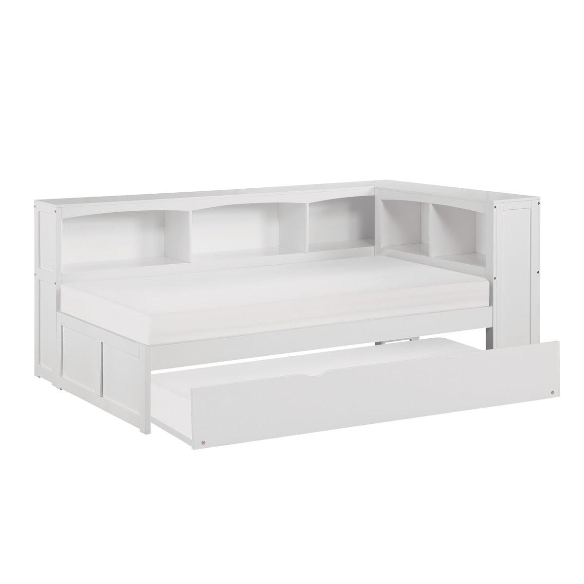 Galen White Transitional Wood, Engineered Wood Youth Twin Bookcase Corner Bed With Twin Trundle - Ella Furniture