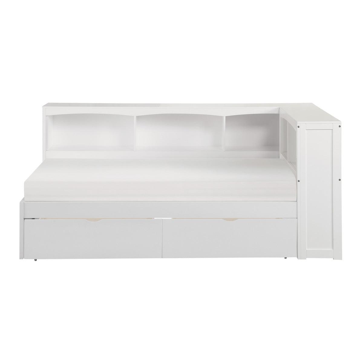 Galen White Transitional Wood And Engineered Wood Twin Bookcase Corner Bed With Storage Boxes - Ella Furniture