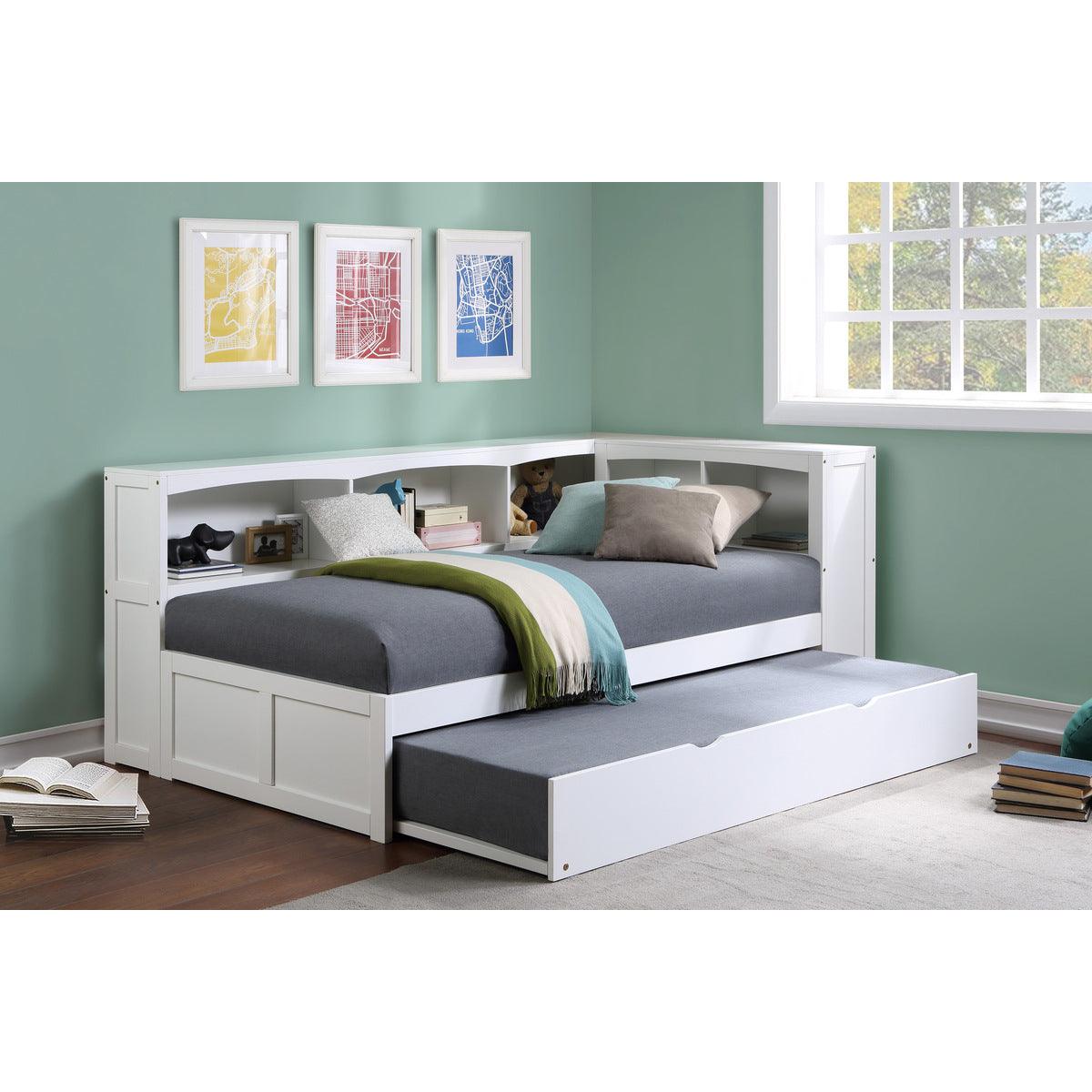 Galen White Transitional Wood, Engineered Wood Youth Twin Bookcase Corner Bed With Twin Trundle - Ella Furniture