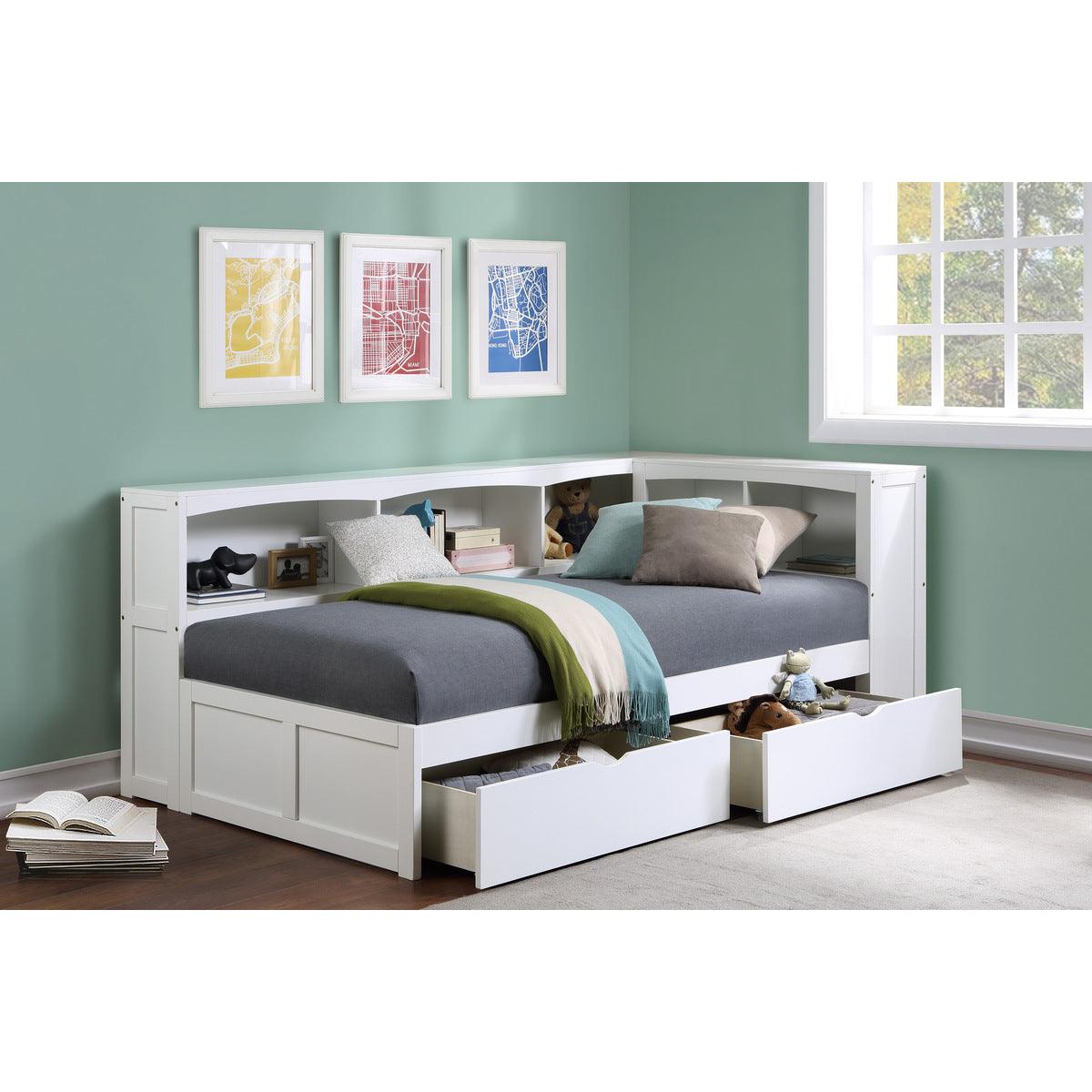 Galen White Transitional Wood And Engineered Wood Twin Bookcase Corner Bed With Storage Boxes - Ella Furniture
