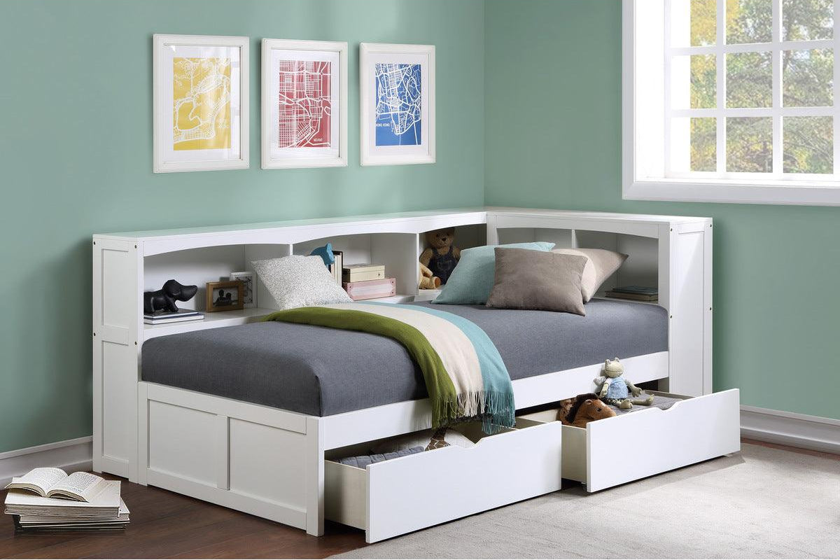 Galen White Twin Bookcase Corner Bed with Storage Boxes youth room setting
