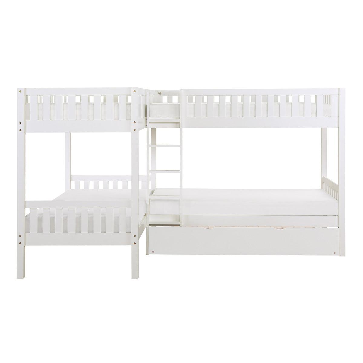 Galen White Corner Bunk Bed with Twin Trundle - front view showing ladder and trundle