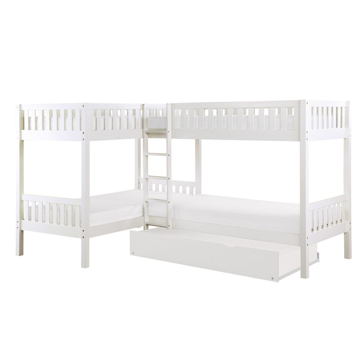 Galen White Corner Bunk Bed with Twin Trundle - open trundle bed pulled out