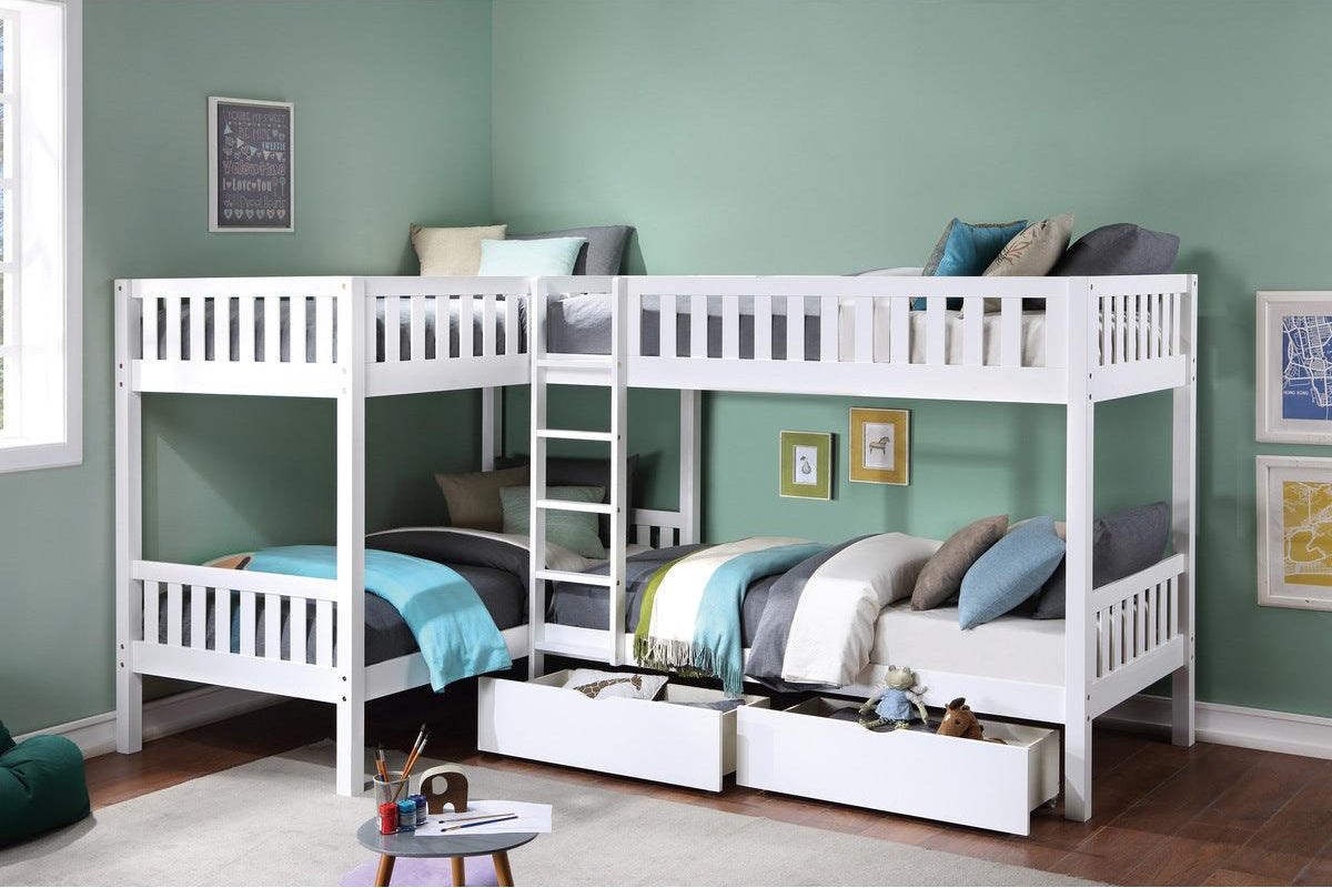 Galen white corner twin bunk bed installed in youth bedroom
