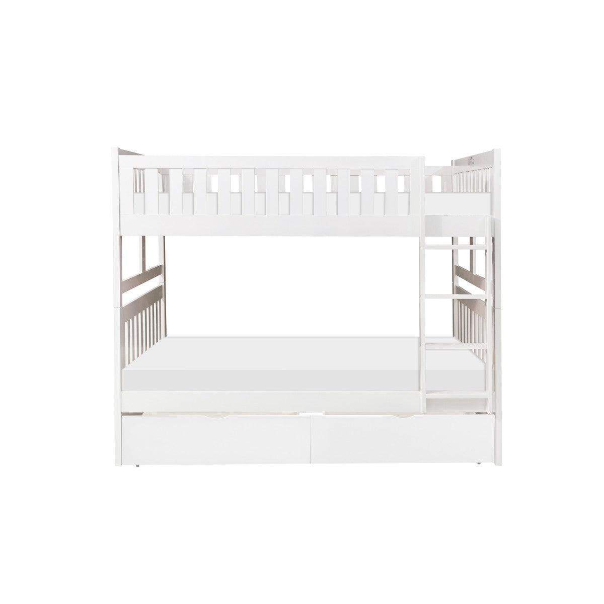 Galen White Full over Full bunk bed front angle showing storage boxes