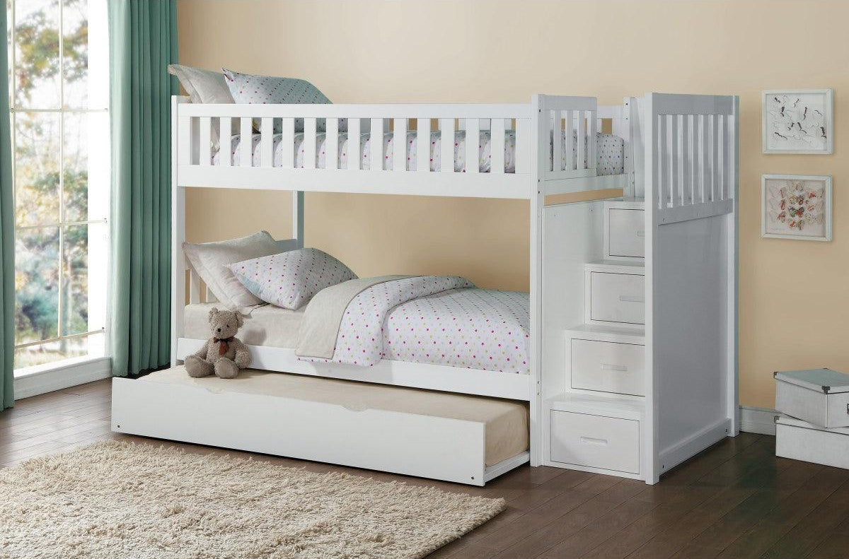 Galen white twin over twin bunk bed with trundle full view
