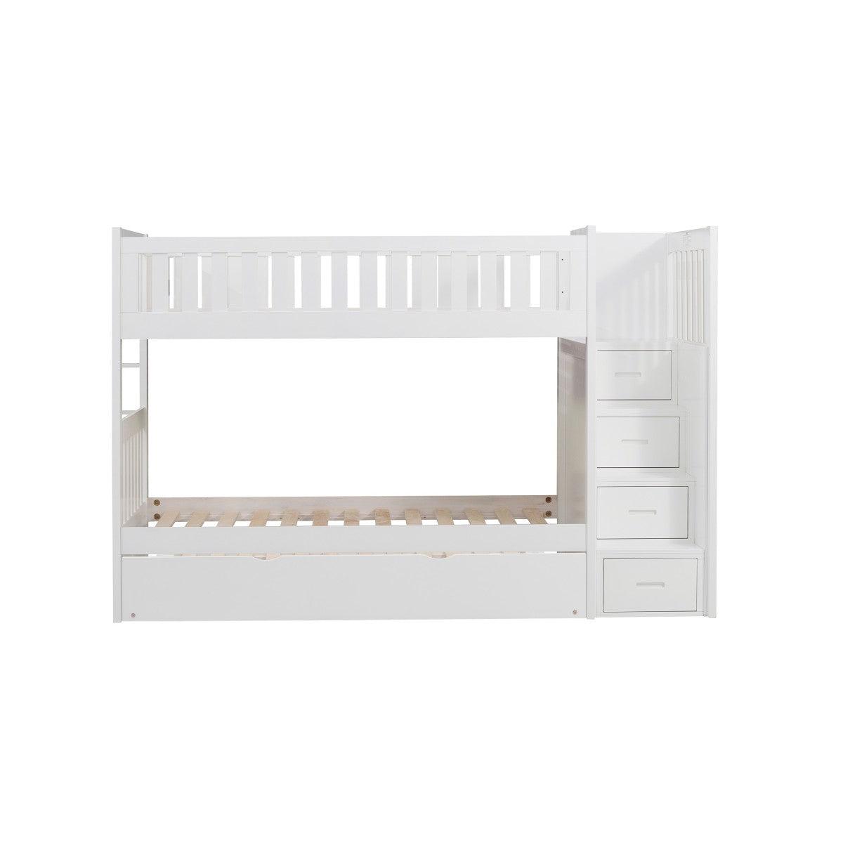 Galen white twin over twin step bunk bed with trundle angled front