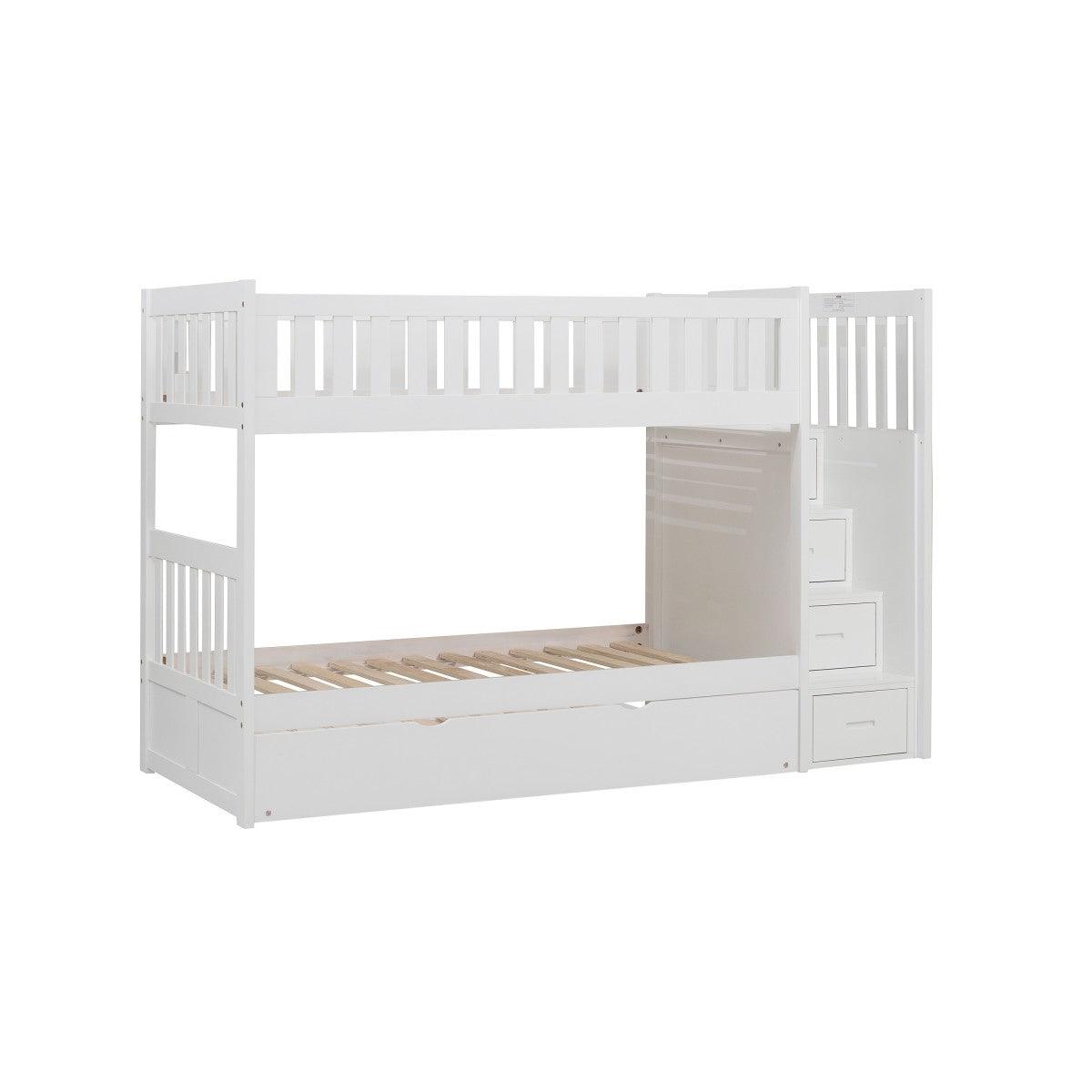 Galen white twin over twin step bunk bed with trundle side angle
