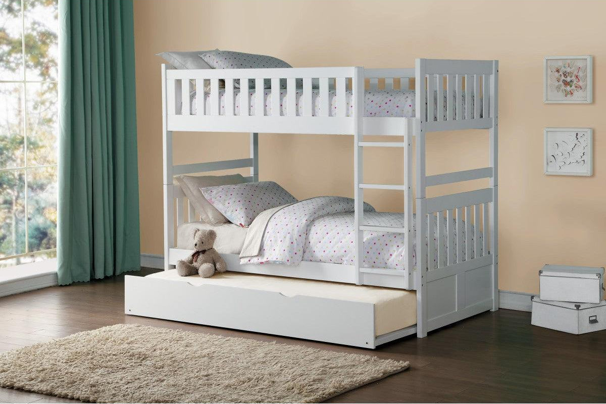 White twin over twin bunk bed with trundle, angled side view
