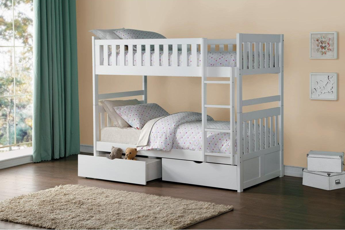 Galen twin over twin bunk bed full height view in white finish