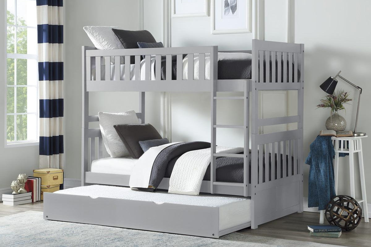 Orion Gray twin-over-twin bunk bed with twin trundle angled view