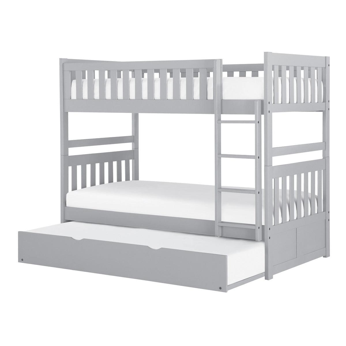 Side view of Orion gray twin over twin bunk bed with trundle