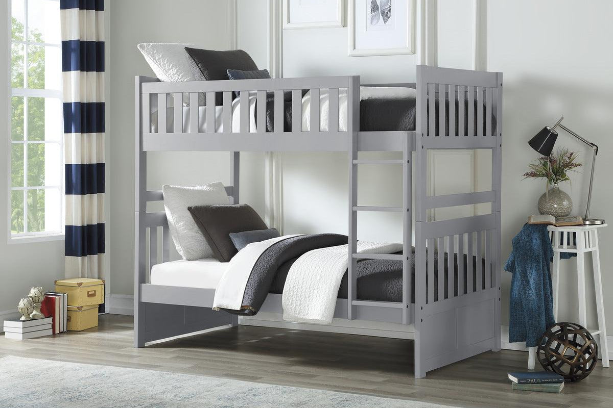 Galen Gray twin over twin bunk bed angled view highlighting storage and ladder