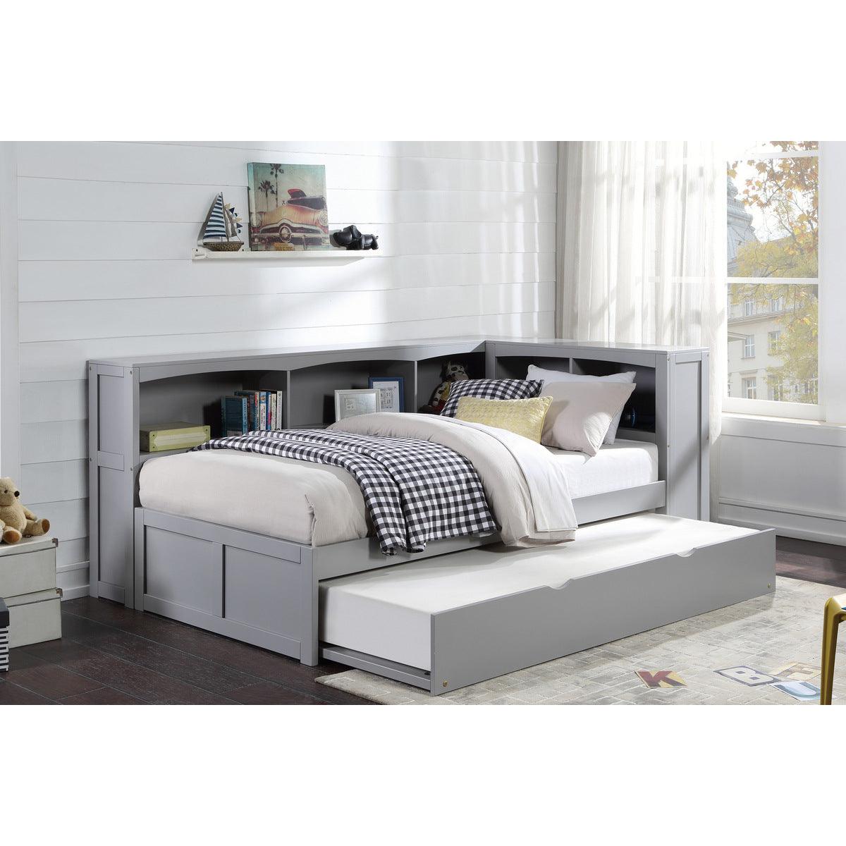 Orion Gray Twin Bookcase Corner Bed styled in youth bedroom setting