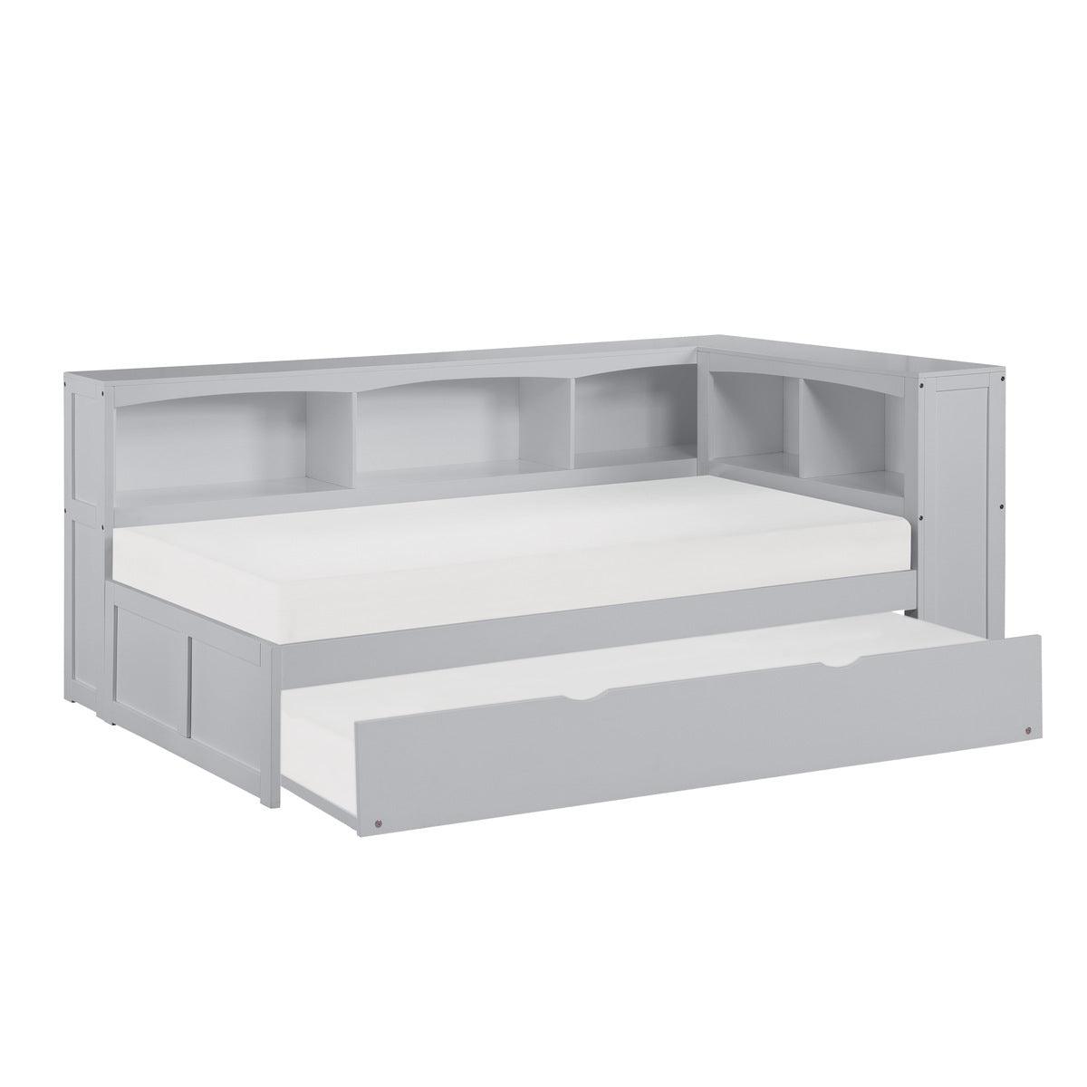 Orion Gray Twin Bookcase Corner Bed with trundle pulled out for extra bed