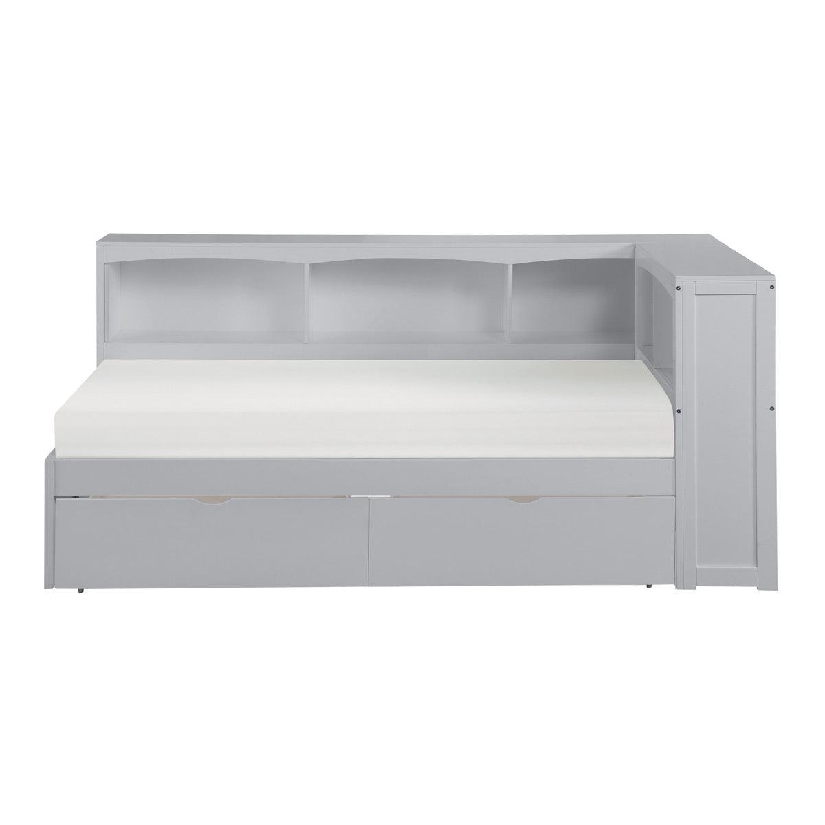 Orion gray twin bookcase corner bed front view