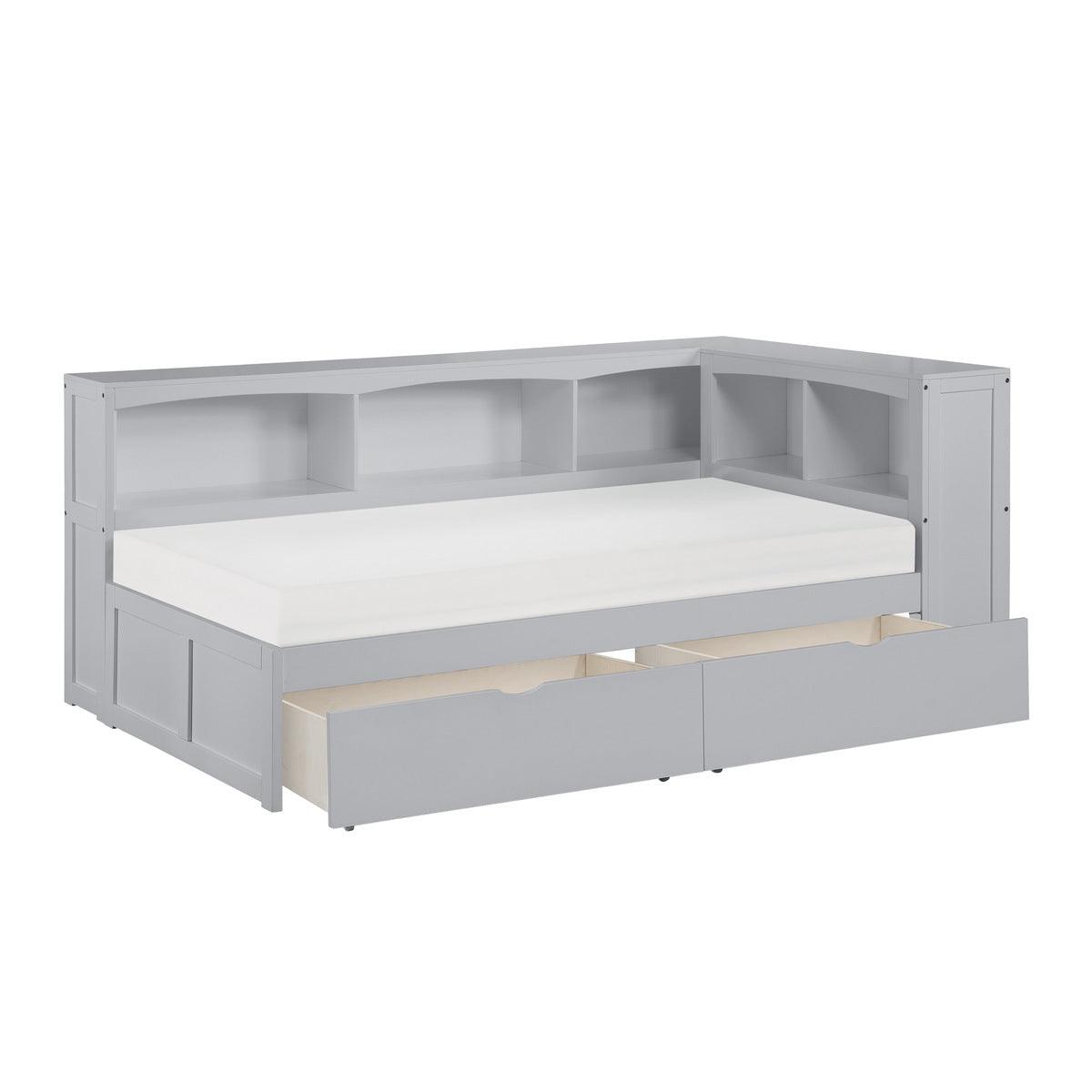 Orion gray twin bookcase corner bed and open storage boxes