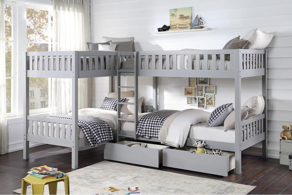 Orion Gray corner bunk bed full setup in youth room