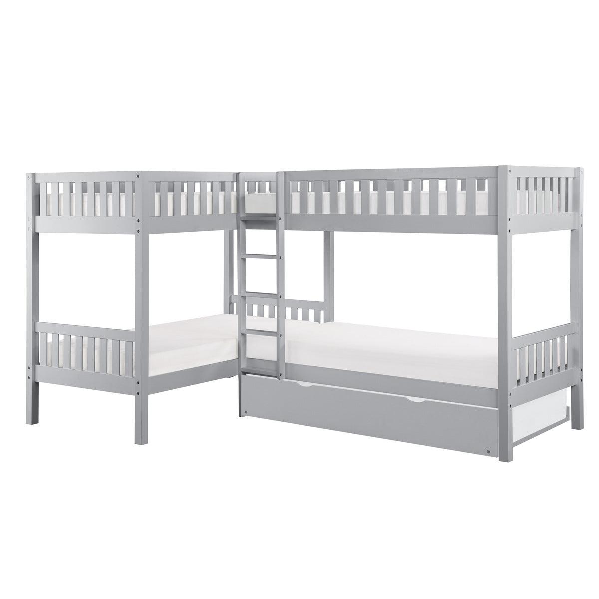 Orion gray corner bunk bed with twin trundle side view