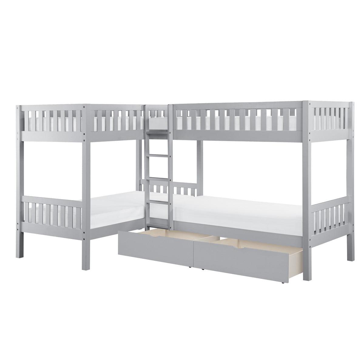 Orion Gray corner bunk bed open with storage drawers