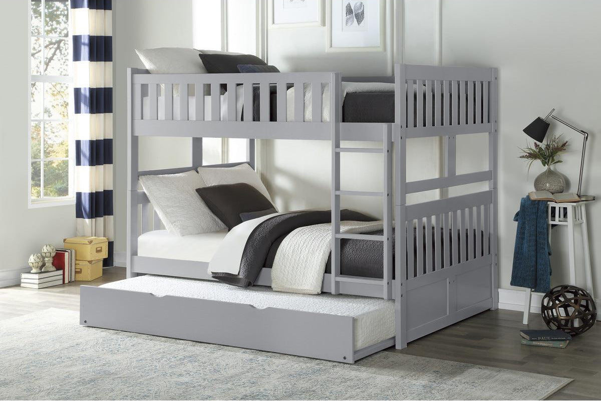Orion Gray Full over Full Bunk Bed with Twin Trundle angled view