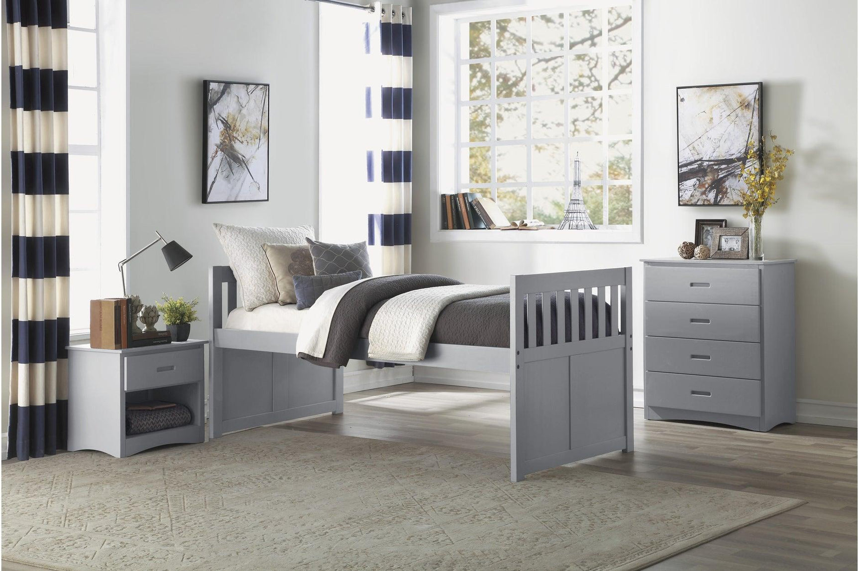 Orion Gray Twin Bed without trundle showing side drawers