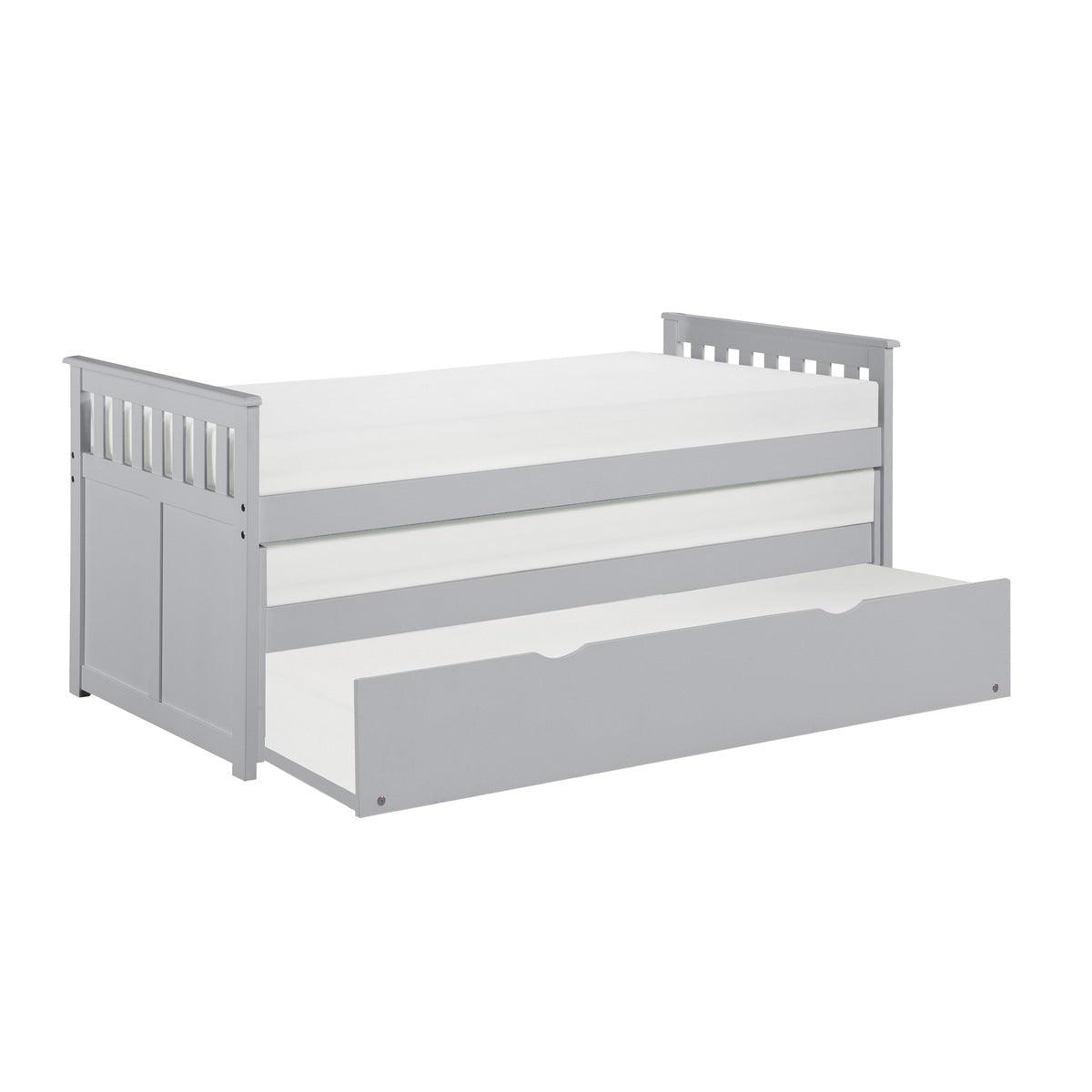 Orion Gray Twin Over Twin Trundle Bed with trundle pulled out front angle