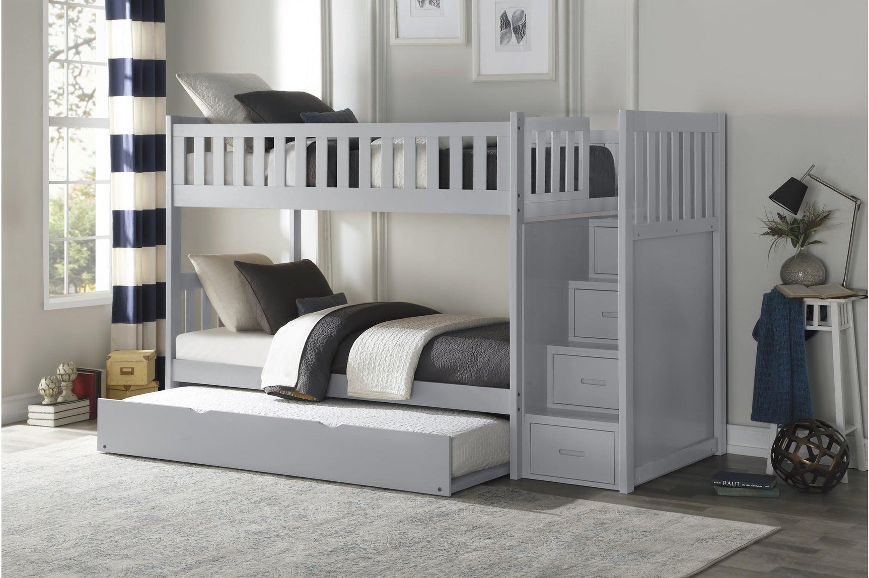 Orion Gray Twin Over Twin Bunk Bed with Storage Stairs angled side view