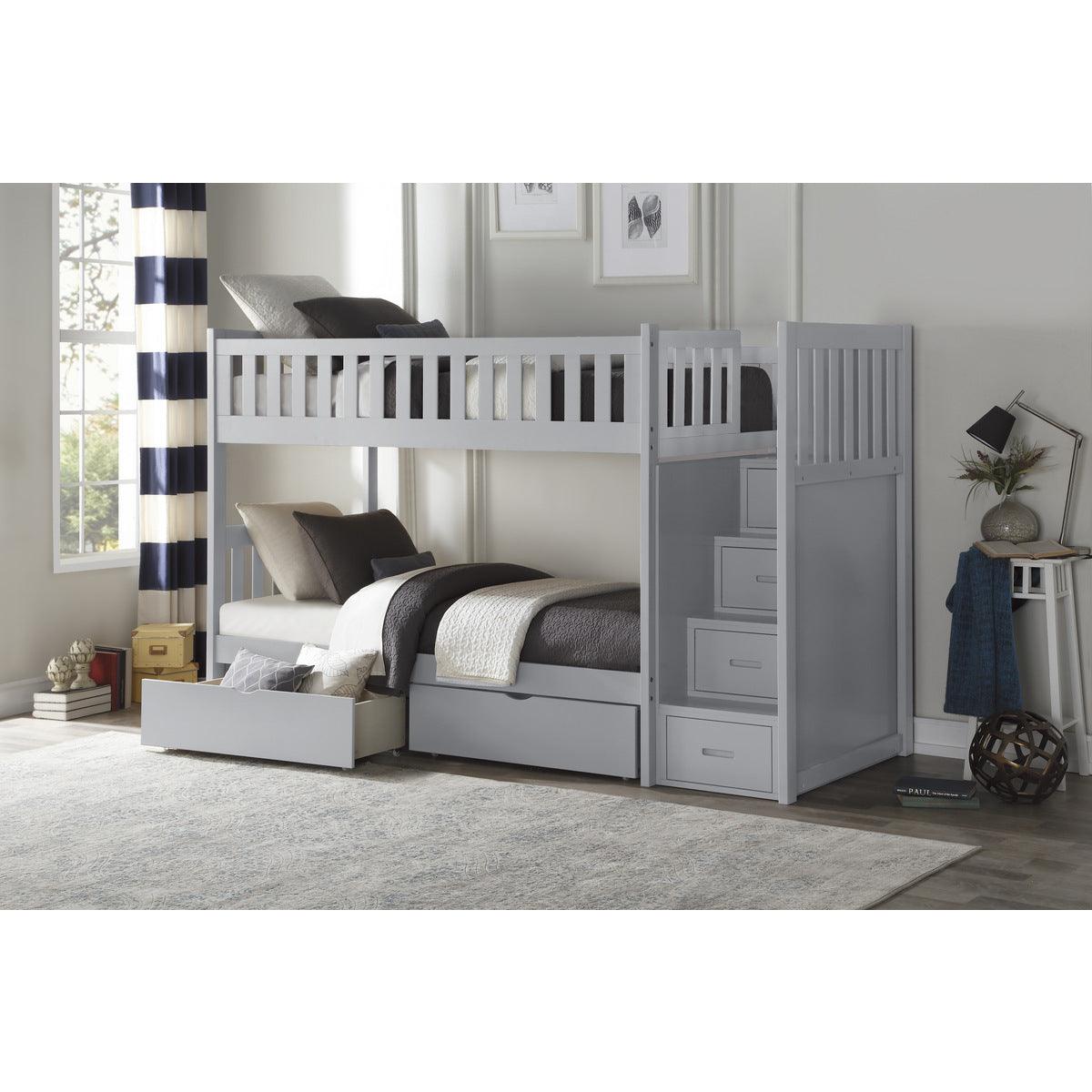 Orion Gray Twin over Twin Bunk Bed with storage boxes and reversible step drawers