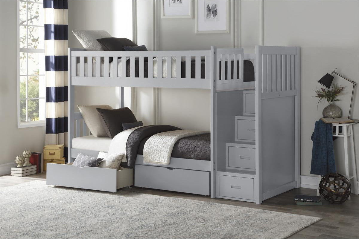 Orion Gray Twin over Twin Bunk Bed with storage boxes and reversible step drawers