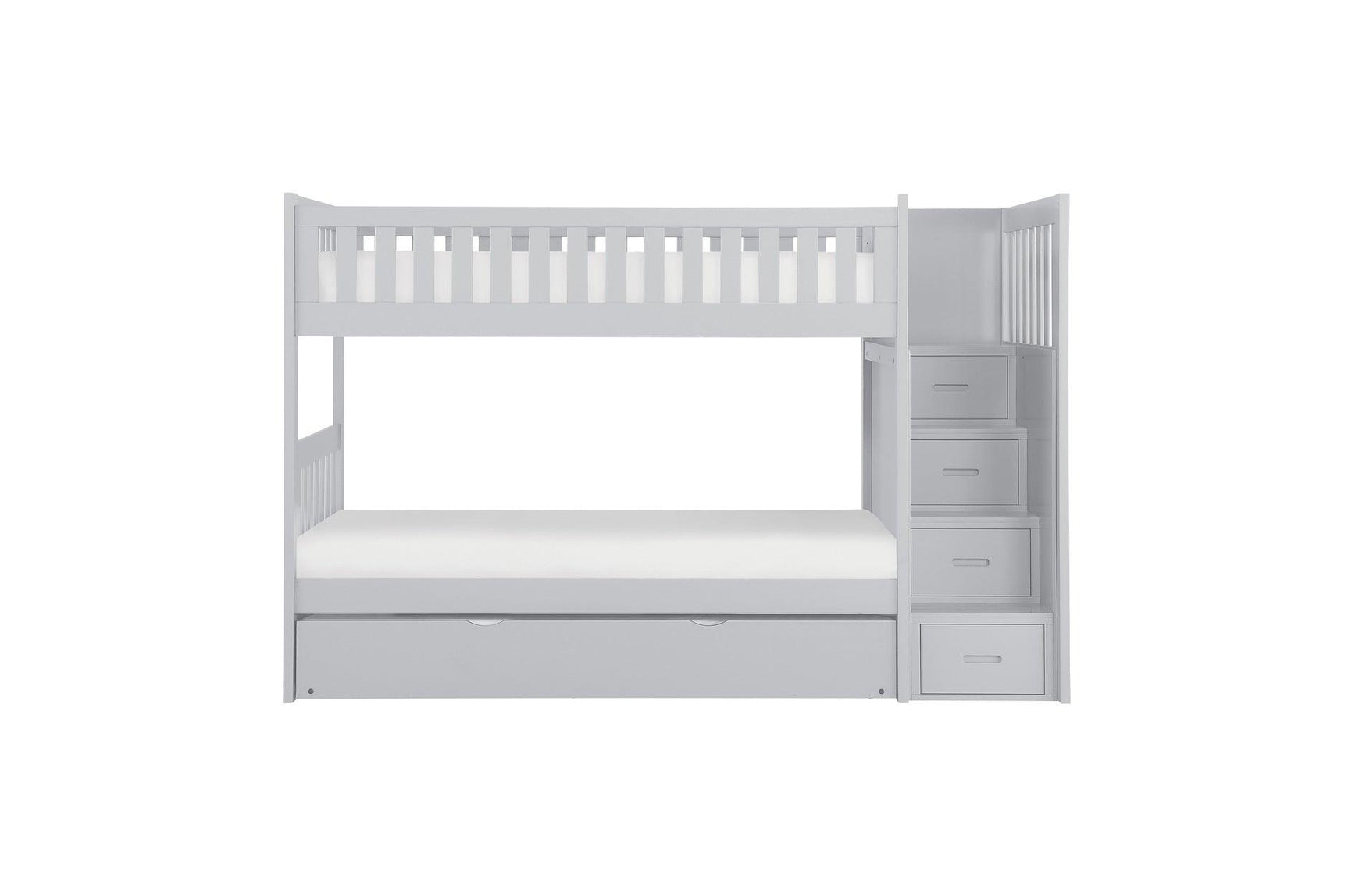 Orion Gray Twin Over Twin Bunk Bed with Storage Stairs full assembled front