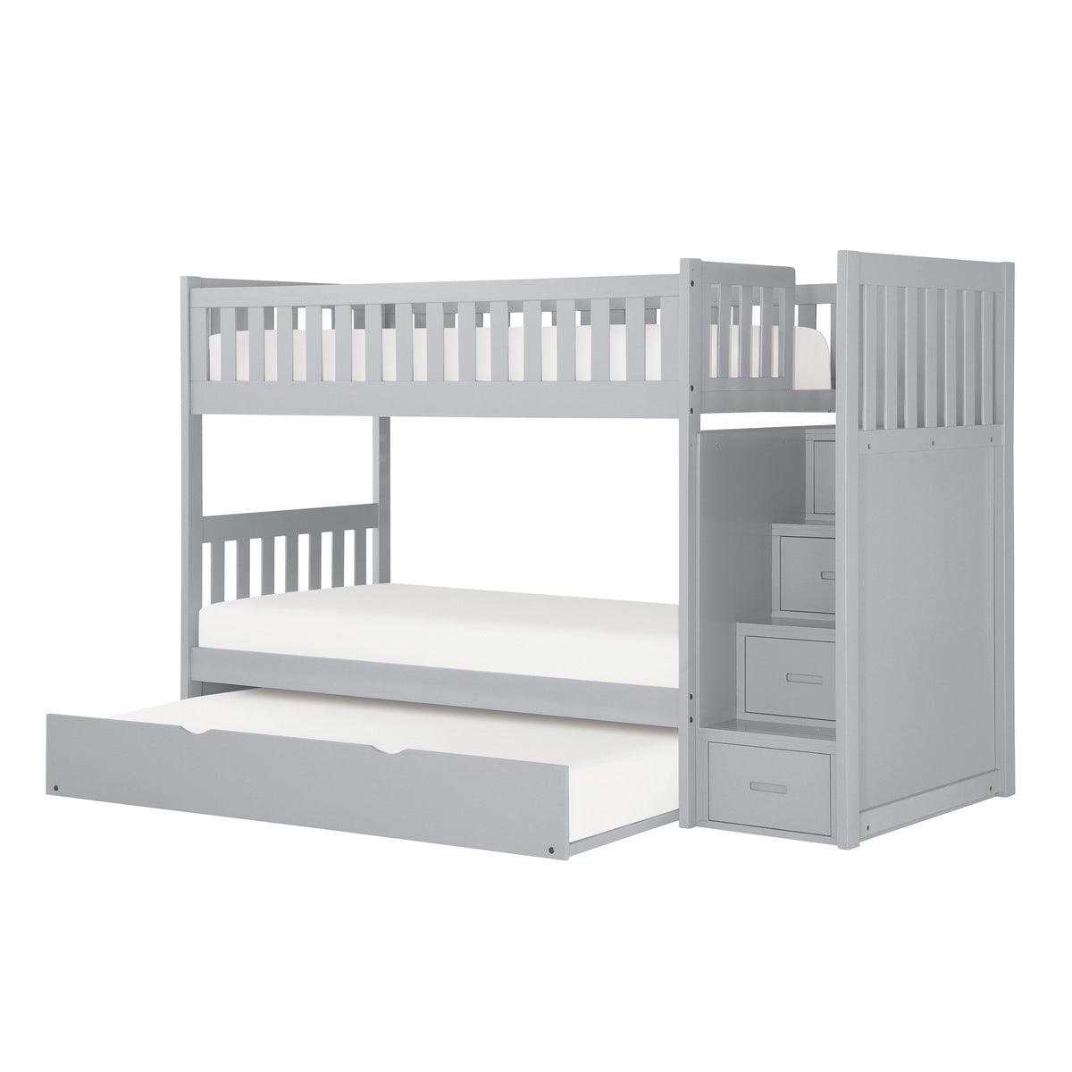 Orion gray twin over twin bunk bed side view showing step storage