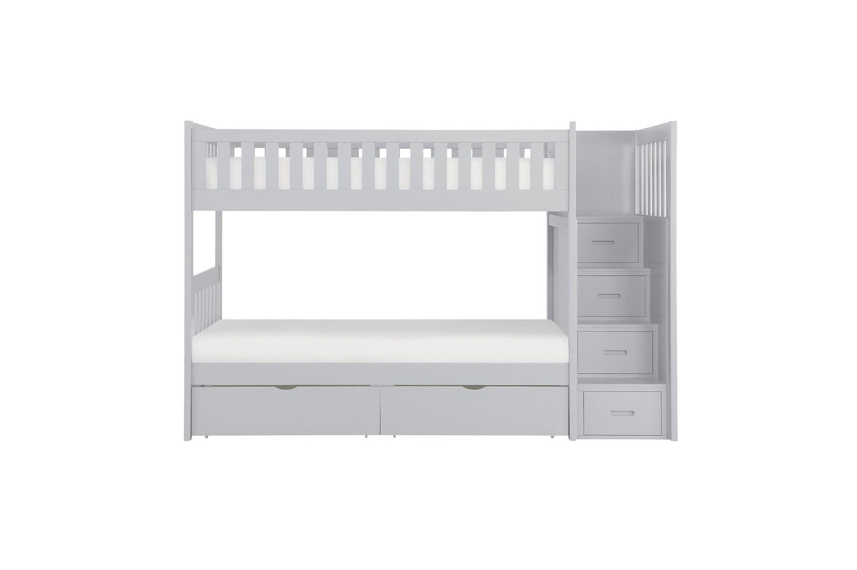 Orion Gray Twin Over Twin Bunk Bed with Storage Stairs with dresser and mirror