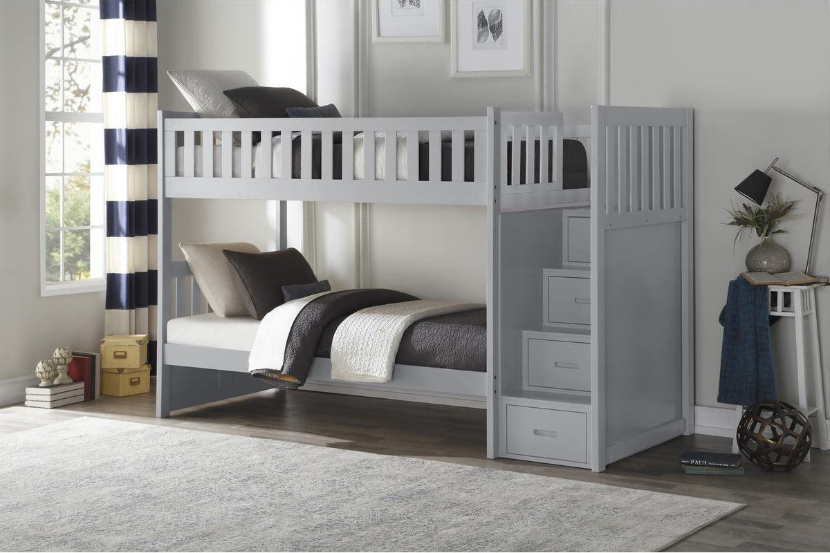 Orion Gray twin over twin step bunk bed angled view