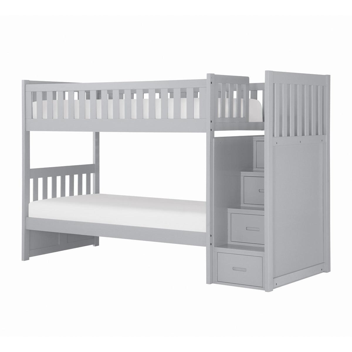 Orion Gray twin over twin step bunk bed side view showing steps