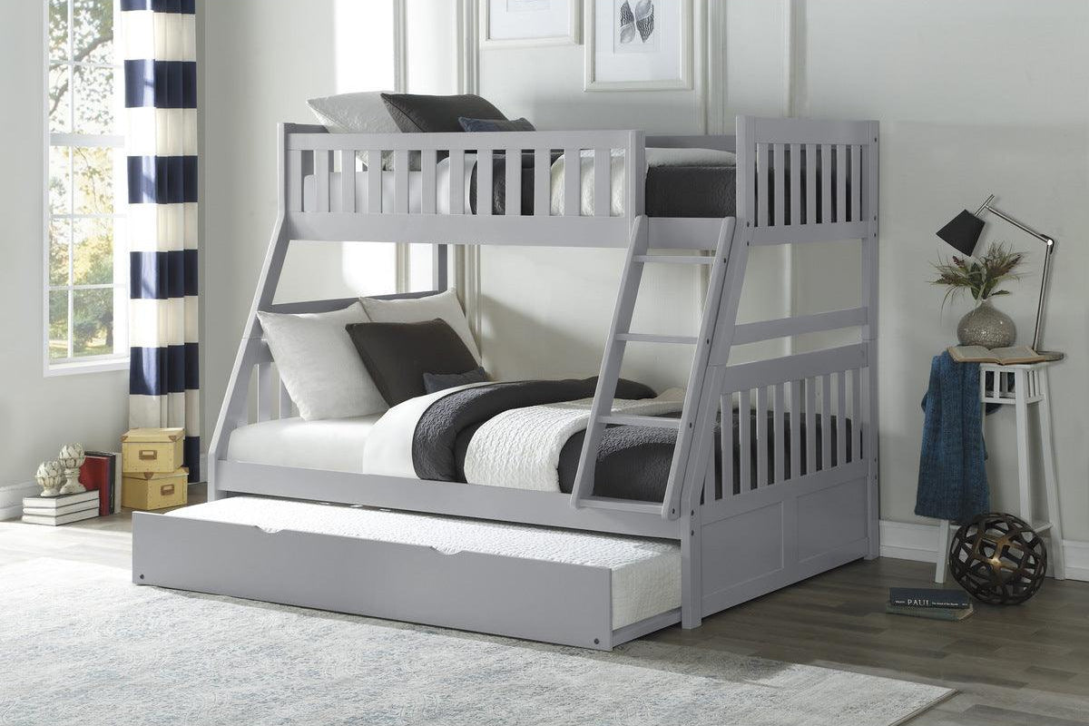 Orion gray twin-over-full bunk bed with twin trundle angled view