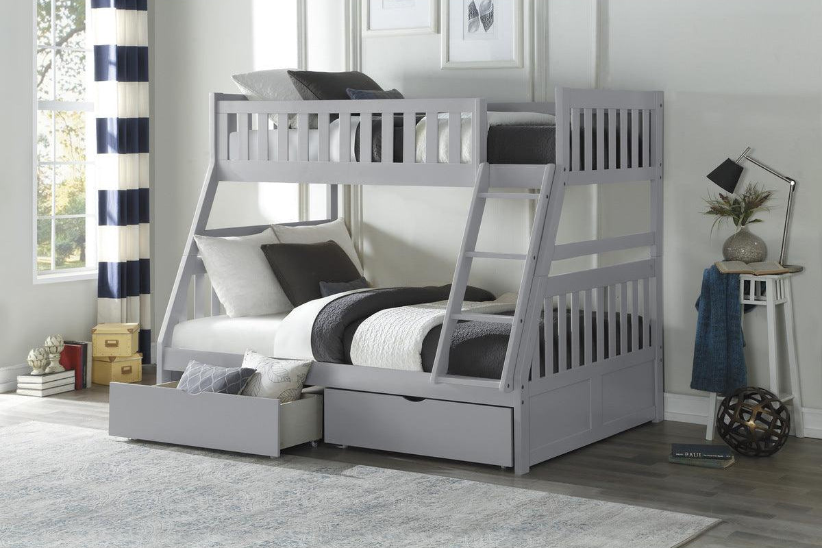 Close-up of storage drawers on casters under Orion Gray Twin Over Full Bunk Bed
