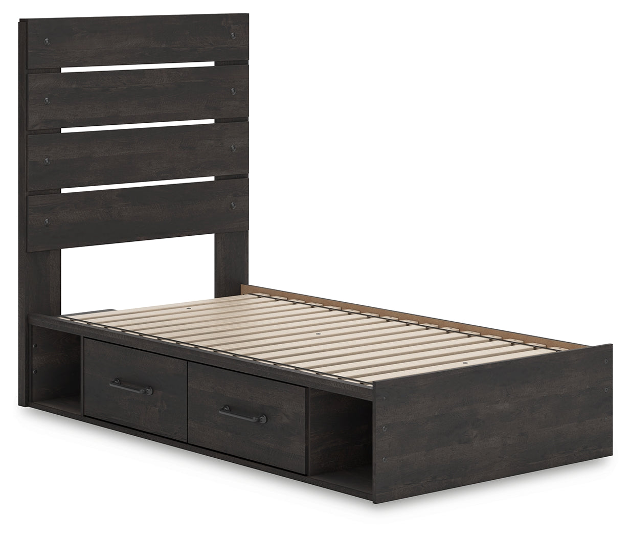 Open drawer storage under the bed, Hollivern twin panel bed