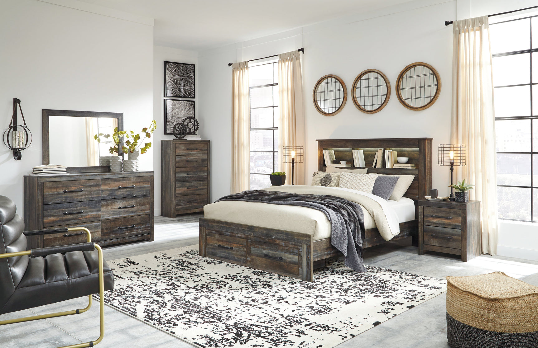Closeup of Drystan Bookcase Headboard with LED Lighting and Storage Cubbies