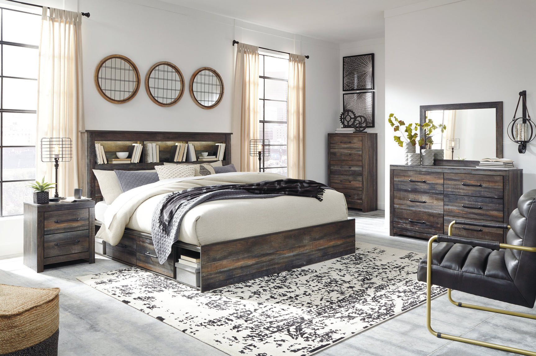 Close-up of rustic wood grain finish with burnt orange and teal accents