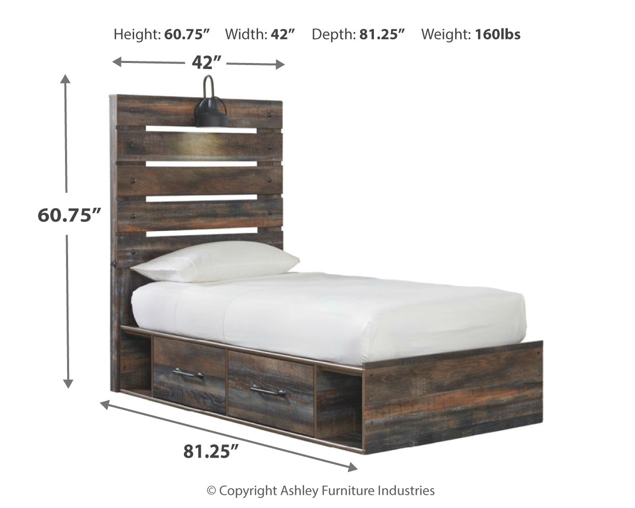 Dimension diagram of Drystan twin panel bed