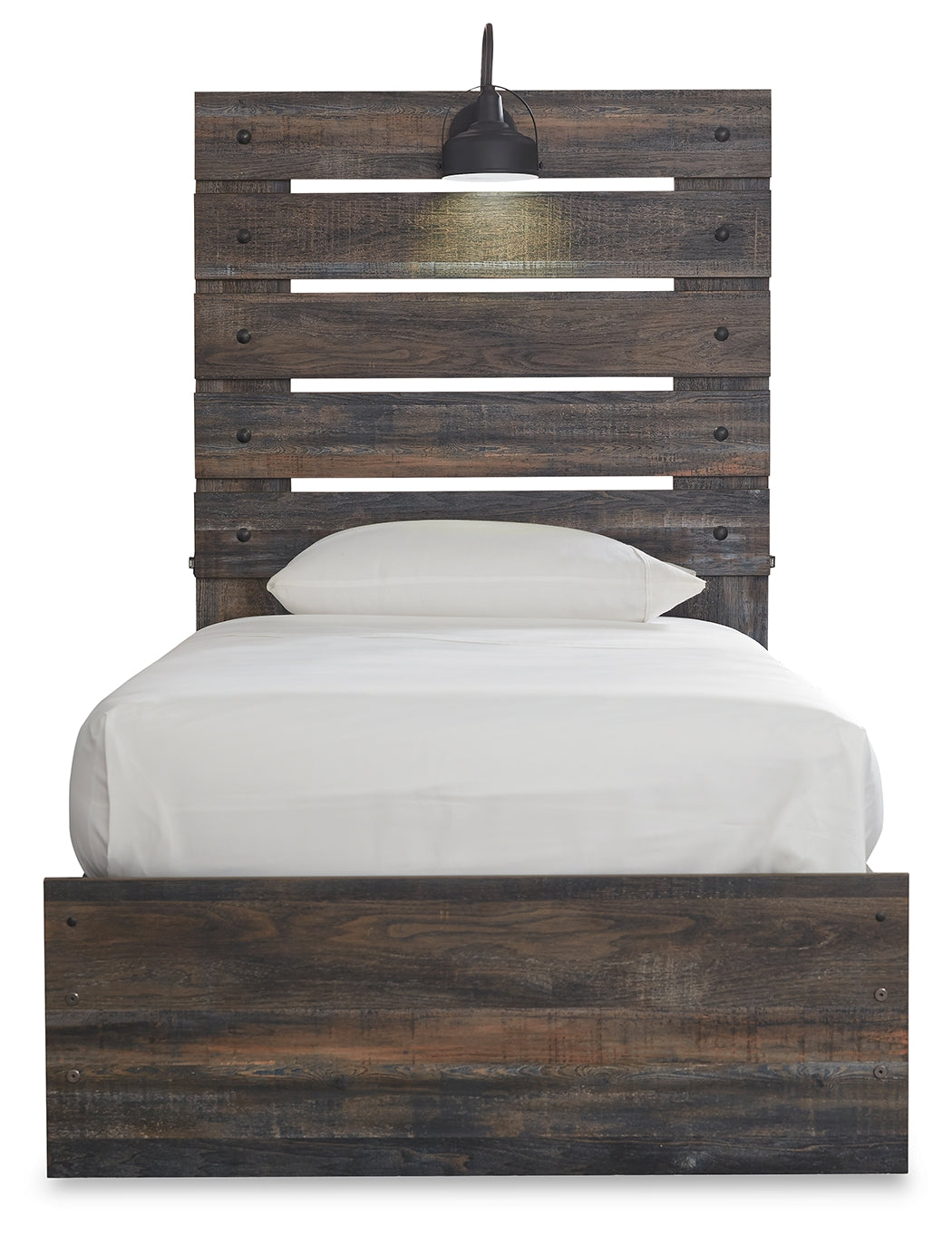 Close-up of Drystan bed headboard with LED sconce light and USB ports