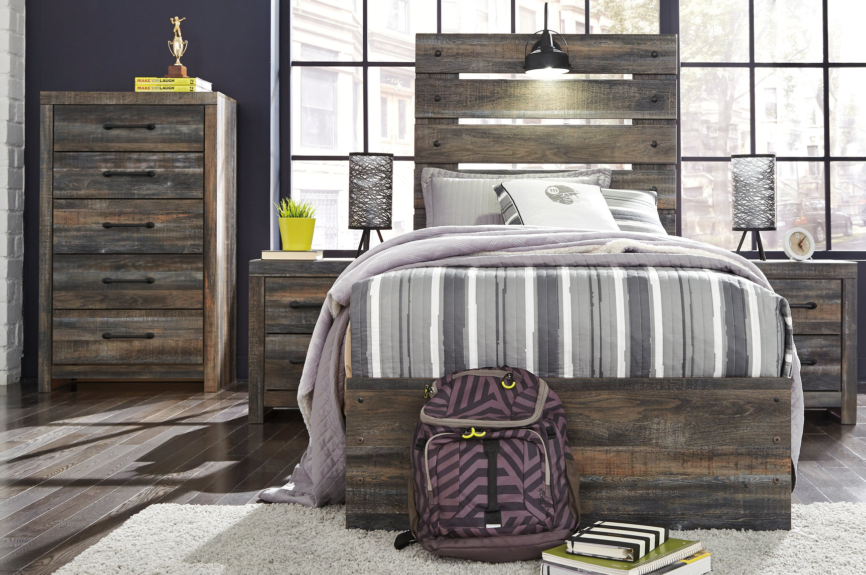Drystan Twin Panel Bed showing LED sconce light