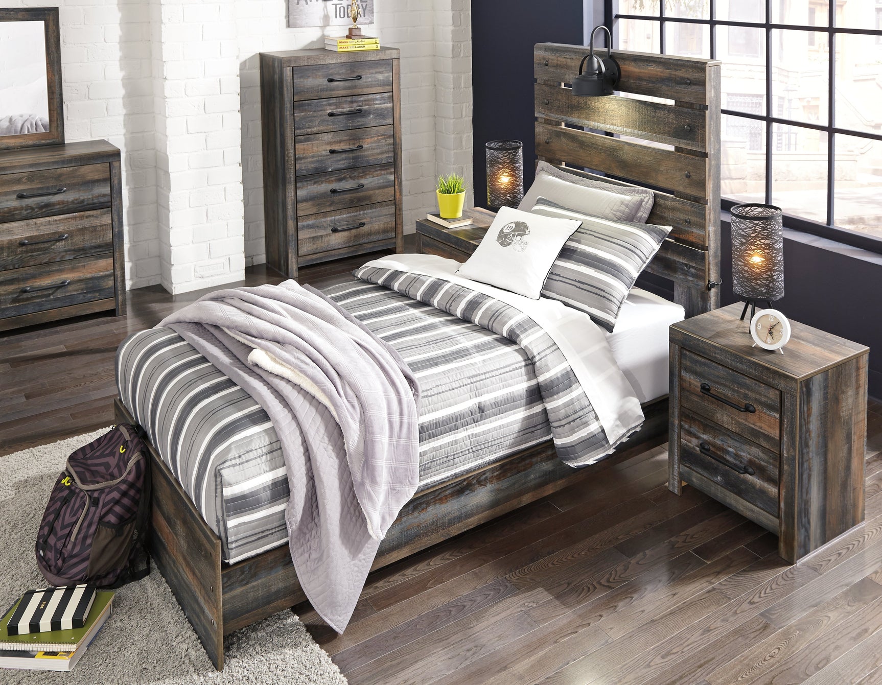 Drystan Twin Panel Bed mood setting with room decor