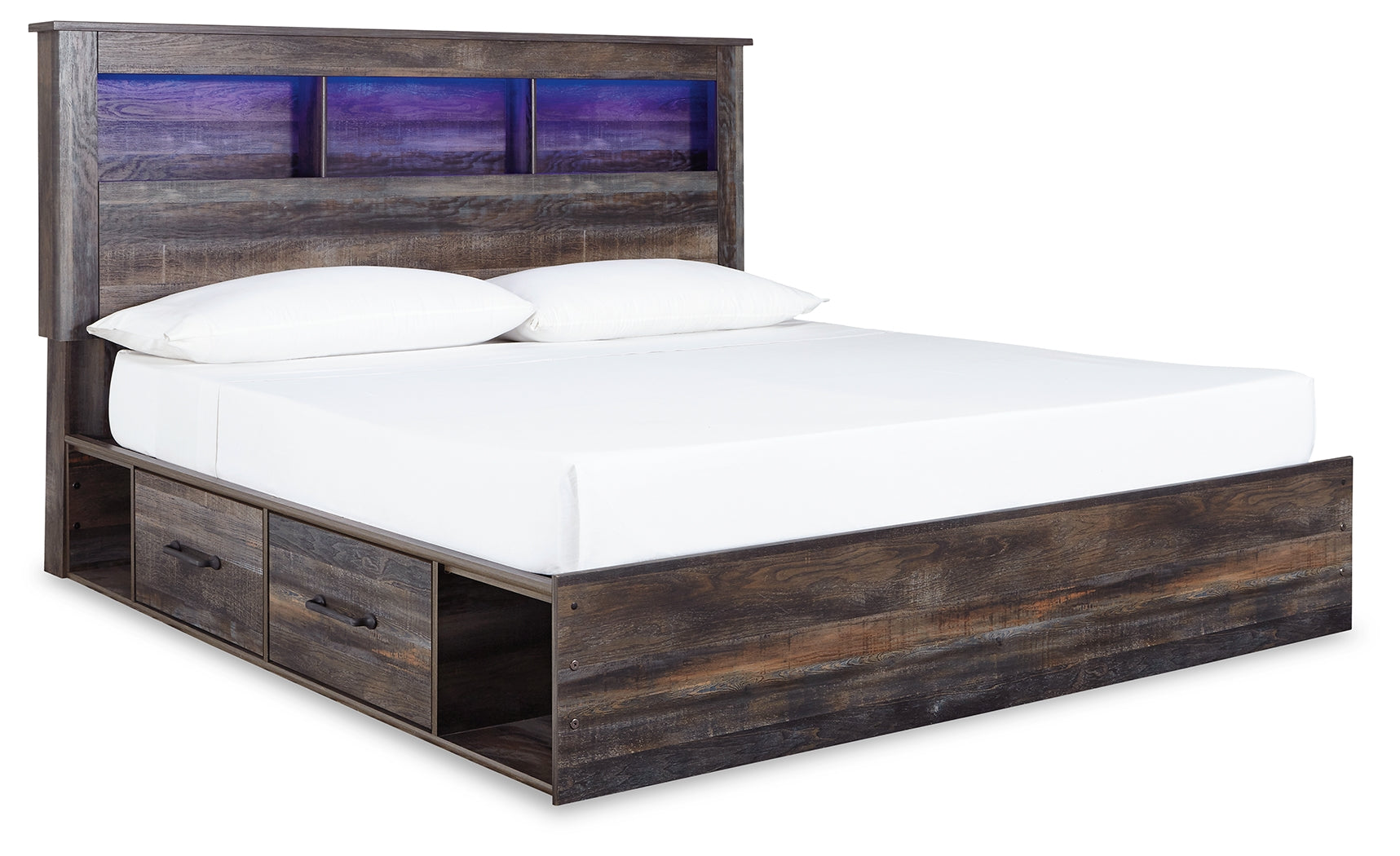 Side view of Drystan King Bookcase Bed showing storage drawers and open cubbies
