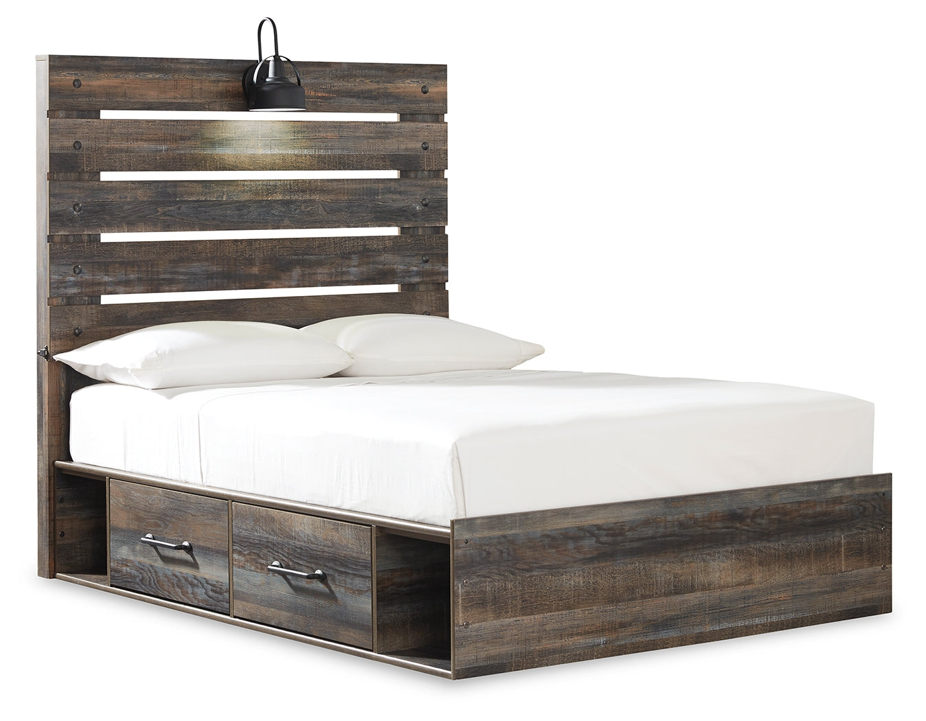 Drystan full panel bed angled side view showing USB ports and LED sconce light on headboard