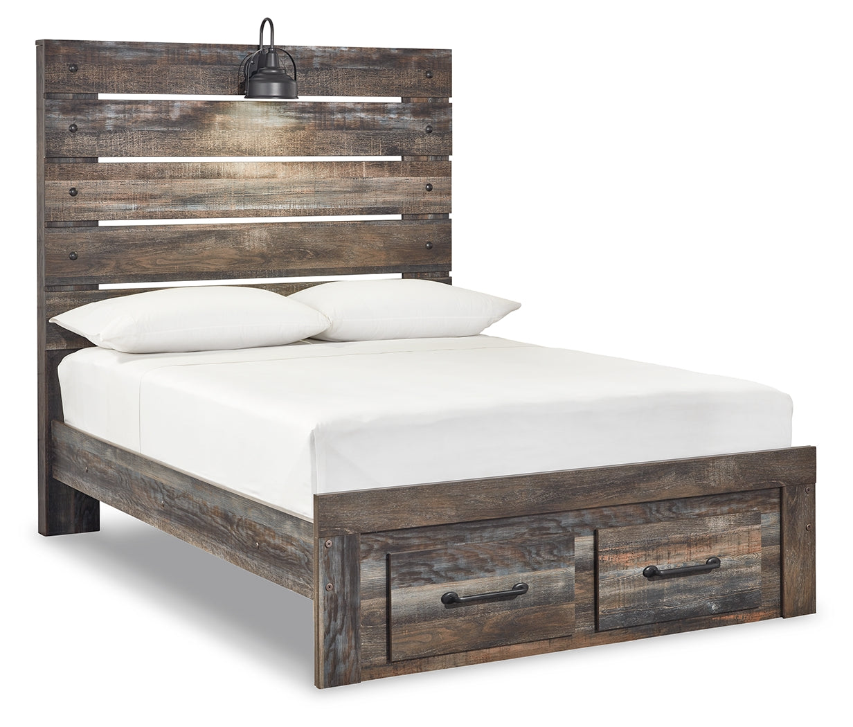 Drystan bed headboard closeup showing rustic multi finish